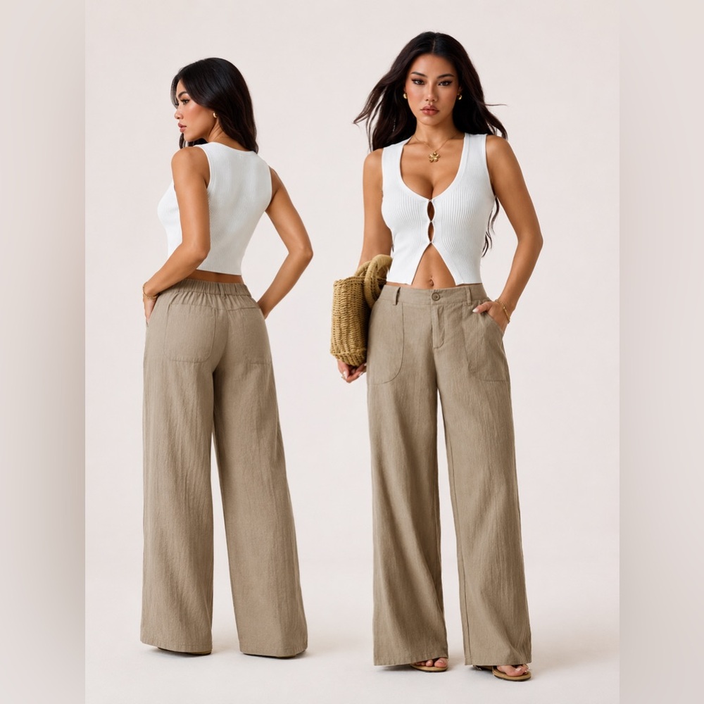 Wide Leg Cotton Pants in Khaki XS